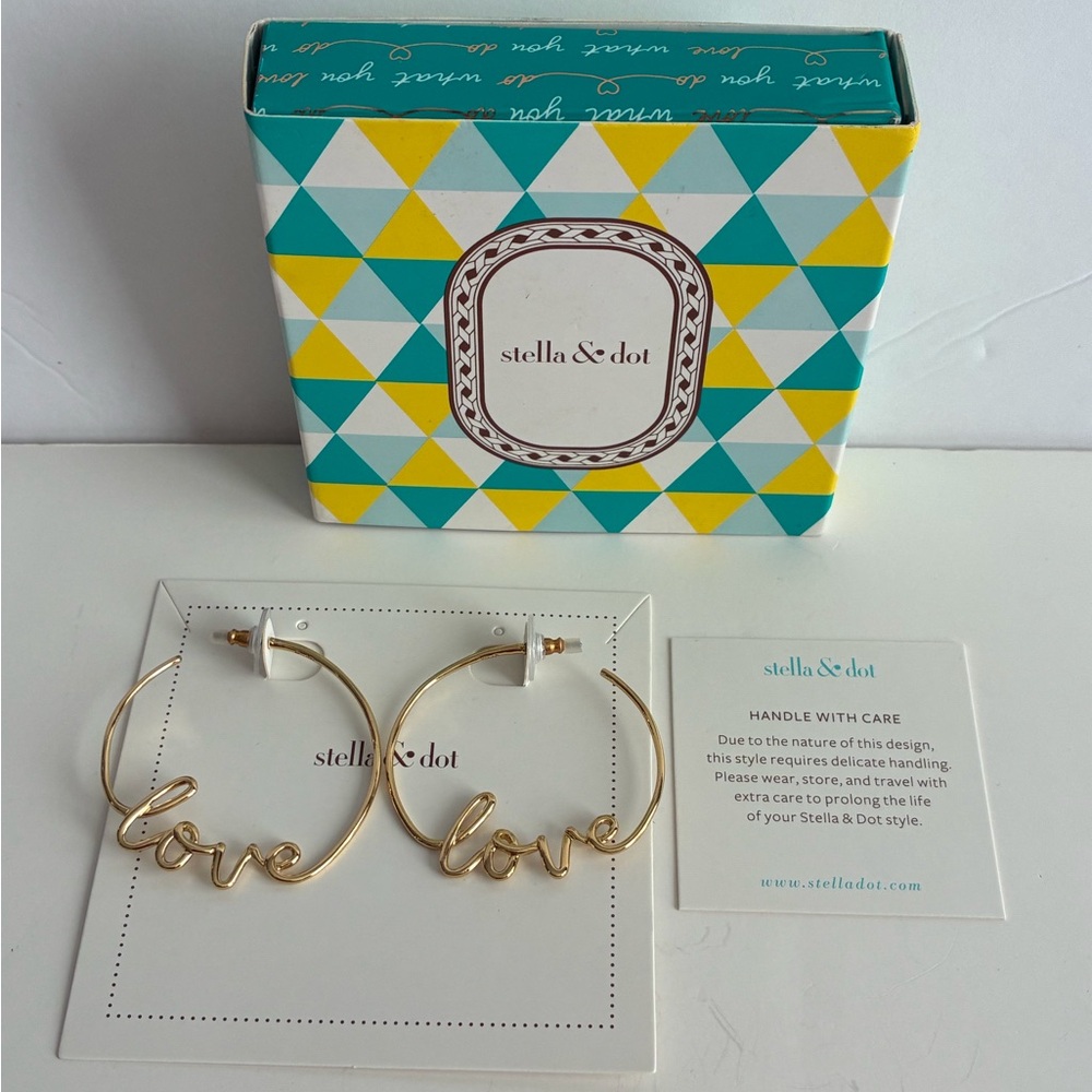 stella & dot 'Love' Script Goldtone Hoop Post Earrings NEW NIB